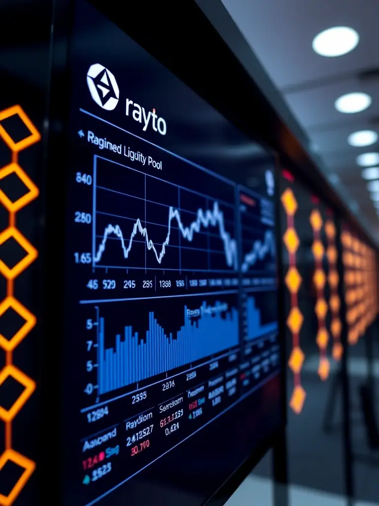 A close-up shot of a user interface displaying Raydium liquidity pool statistics, highlighting daily rewards earned in ABScoin, set against a background of Solana blockchain nodes.
